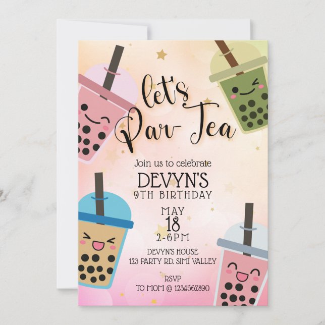 Boba, Let's Par-Tea, Boba Party, Boba Birthday Invitation (Front)