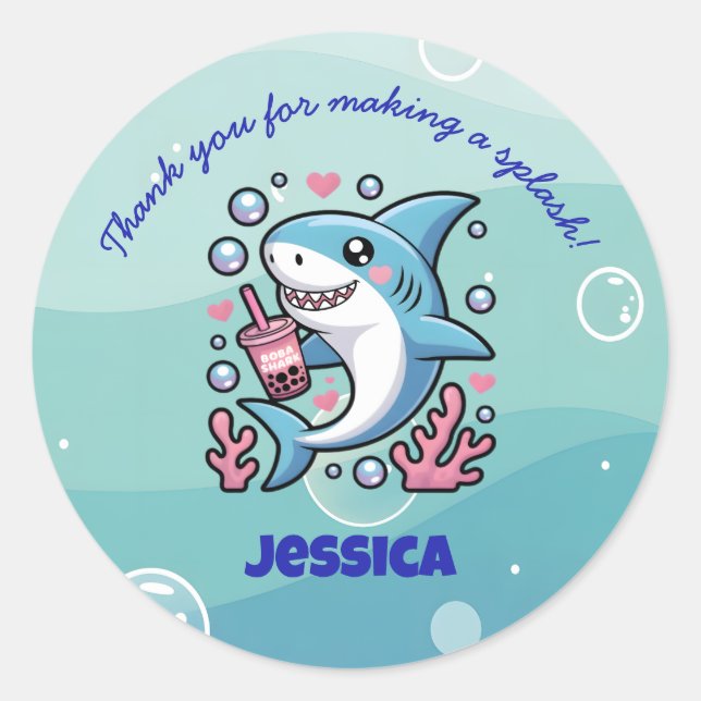 Boba Shark Cute Kawaii Pink Thank You Classic Round Sticker (Front)