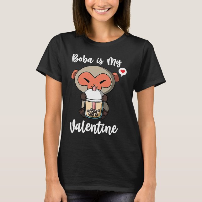 Boba Tea is My Valentine Macaque Monkey Anti Valen T-Shirt (Front)
