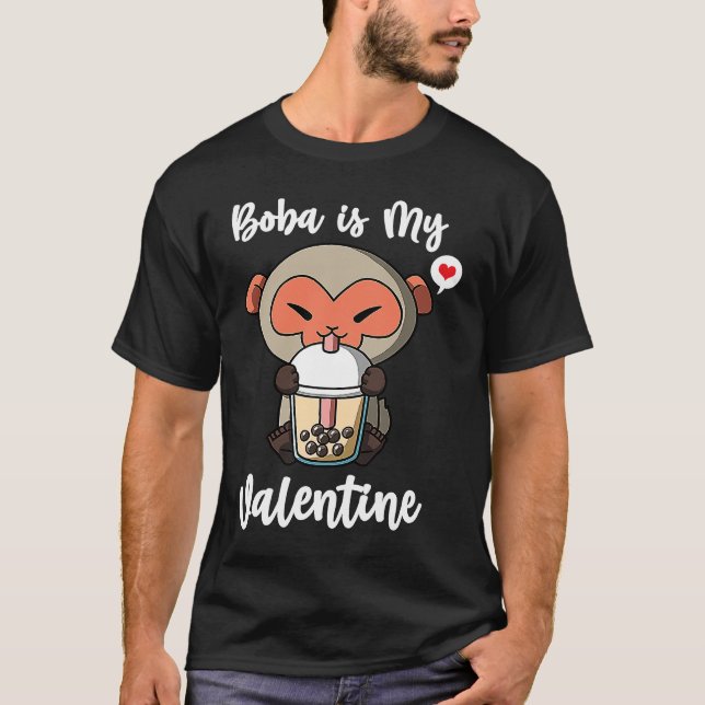 Boba Tea is My Valentine Macaque Monkey Anti Valen T-Shirt (Front)