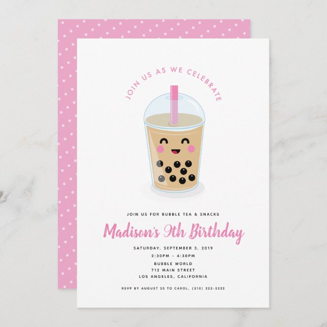Boba Tea Party Invitation in Pink (Front/Back)