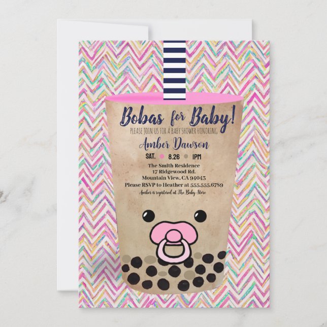 Bobas For Baby Pink Boba Tea Inspired Baby Shower  Holiday Card (Front)