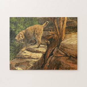 Bobcat Hunting Among The Rocks, Acrylic Painting Jigsaw Puzzle
