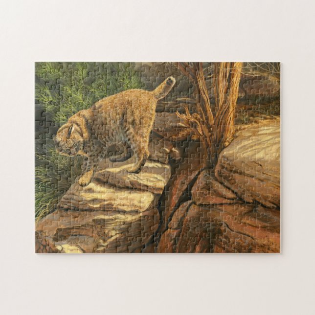 Bobcat Hunting Among The Rocks, Acrylic Painting Jigsaw Puzzle (Horizontal)