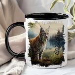 Bobcat in Forest Clearing  Mug<br><div class="desc">Start your day with the Bobcat in Forest Clearing Mug. This unique mug features a striking image of a bobcat standing alert in a forest clearing, surrounded by lush greenery and tall trees. Customised with your name, this mug adds a personal touch to your morning routine. Perfect for enjoying coffee,...</div>