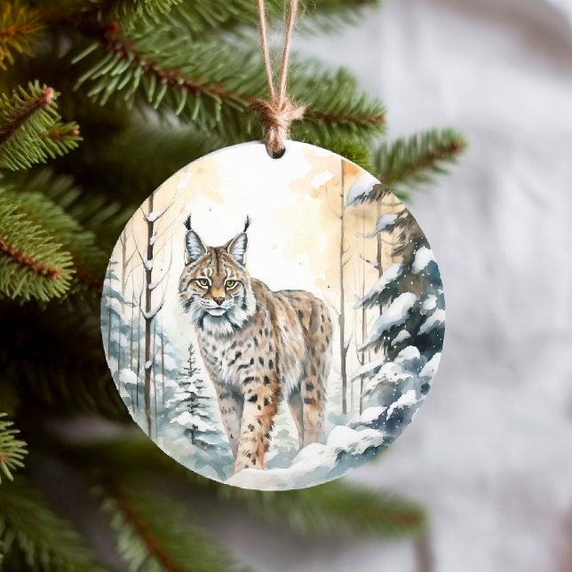 Bobcat Pretty Winter Woodland  Ceramic Ornament (Creator Uploaded)