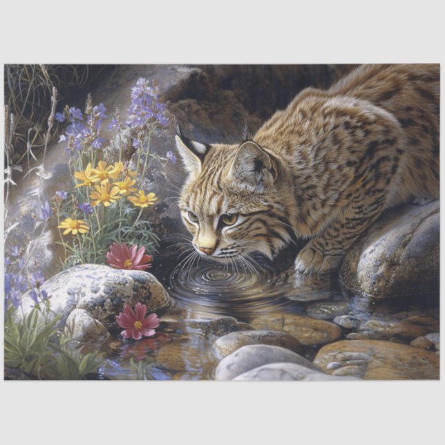 Bobcat with Wildflowers Decoupage Tissue Paper (Front)