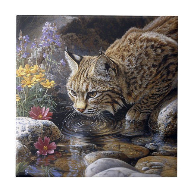 Bobcat with Wildflowers Scenic Art Ceramic Tile (Front)