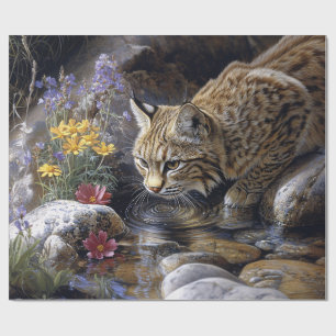 Bobcat with Wildflowers Scenic Art Decoupage Wrapping Paper