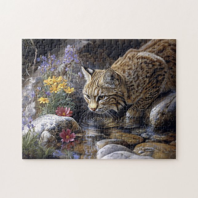 Bobcat with Wildflowers Scenic Art Jigsaw Puzzle (Horizontal)