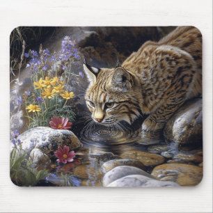 Bobcat with Wildflowers Scenic Art Mouse Pad