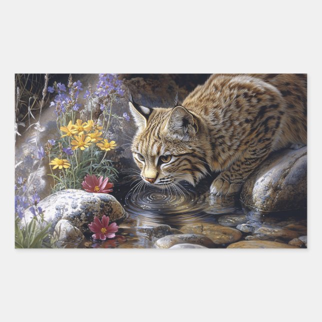 Bobcat with Wildflowers Scenic Art Rectangular Sticker (Front)