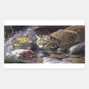 Bobcat with Wildflowers Scenic Art Rectangular Sticker