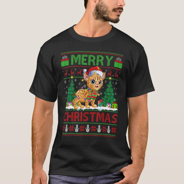 Bobcat   Xmas Tree Lights Ugly Santa Bobcat Christ T-Shirt (Front)