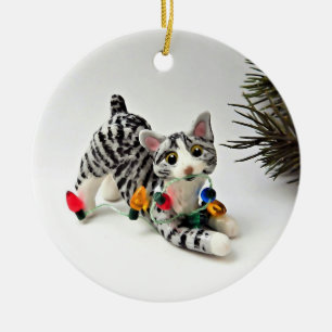Bobtail Cat Grey Tabby Holiday Ornament