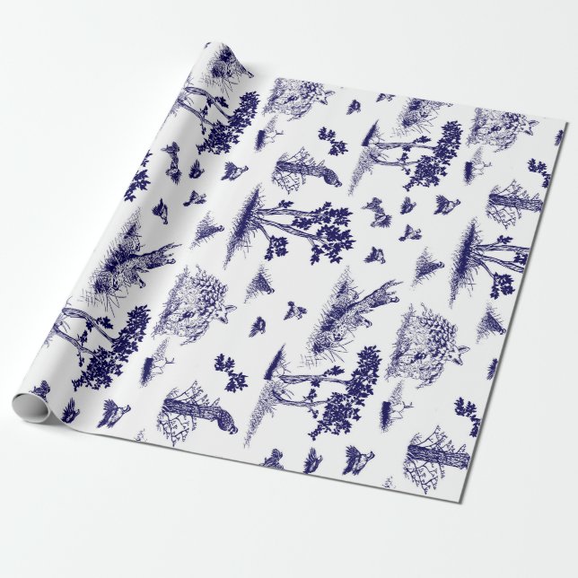 Bobwhite Quail Toile De Jouy Navy and White Wrapping Paper (Unrolled)