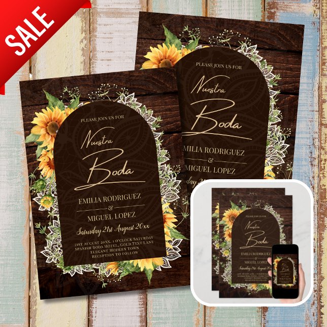 Boda de Girasoles de Madera Rústica Bilingüe Invitation (Creator Uploaded)