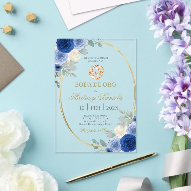 Boda de oro con flor azul acrylic invitations (Insitu (Wedding))