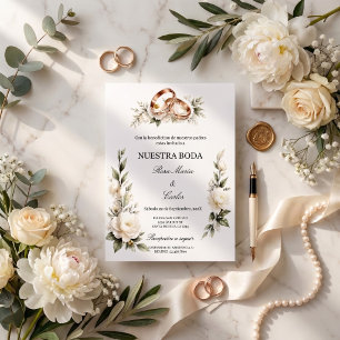Boda Elegante con Anillos Dorados y Flores Blancas Invitation