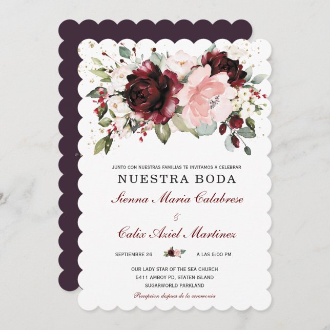 Boda en oro burdeos y rosa rubor invitation (Front/Back)