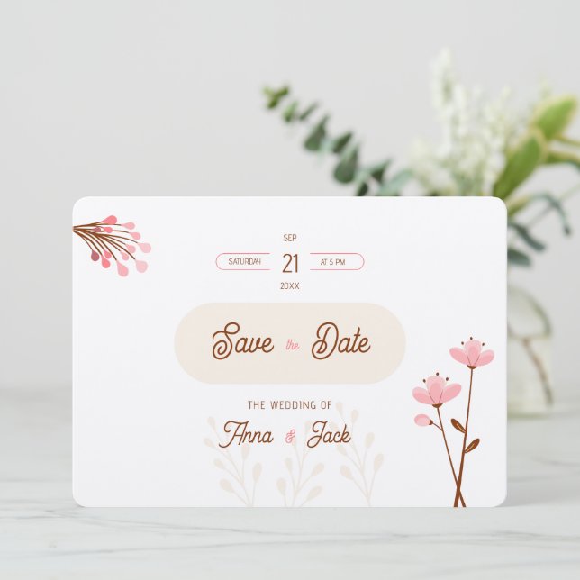 Boda wild flowers pink and botanical beige save the date (Standing Front)