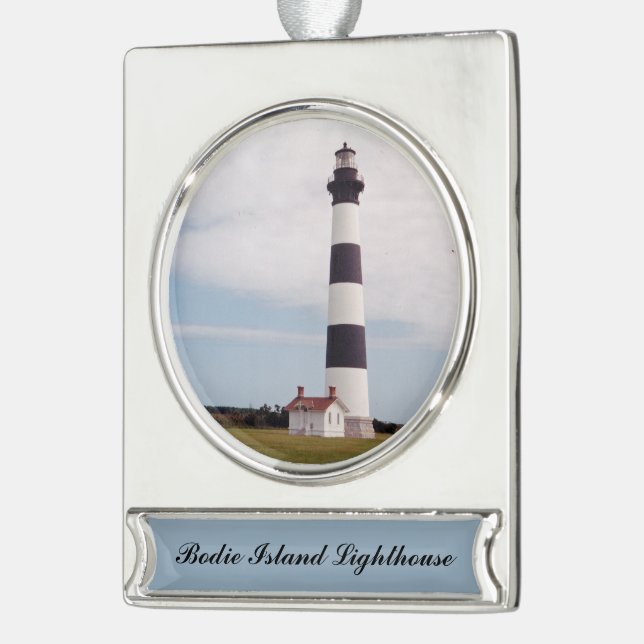 Bodie Island Lighthouse Silver Plated Banner Ornament (Left)