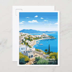 Bodrum Turkey vintage travel illustration Postcard