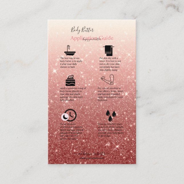 Body Butter Application Guide Modern Pink Glitter Business Card (Front)