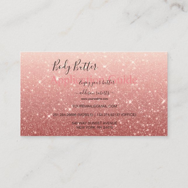 Body Butter Application Guide Modern Pink Glitter Business Card (Back)