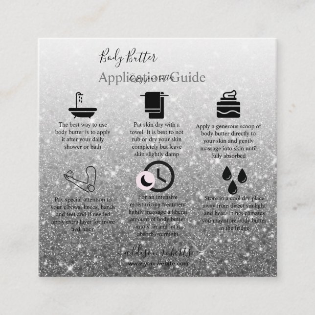 Body Butter Application Modern Silver Glitter Square Business Card (Front)