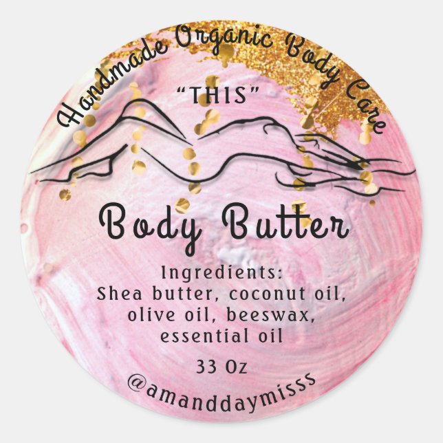 Body Butter Balm Care Packaging Gold Pink Logo Classic Round Sticker (Front)