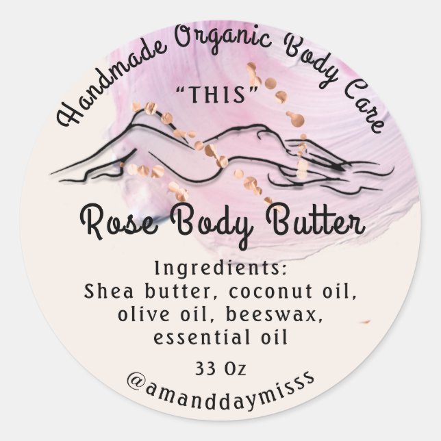 Body Butter Balm Care Packaging Rose Logo Pink Classic Round Sticker (Front)