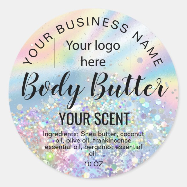 body butter  holograph foil add your logo classic round sticker (Front)
