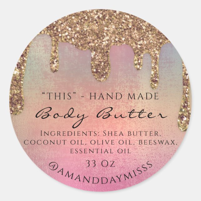 Body Butter Packaging  Glitter Drips Honey Gold Classic Round Sticker (Front)