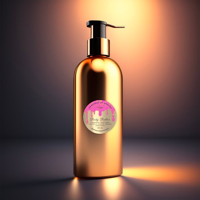 Body Butter Packaging Pink Drips Gold Classic Round Sticker (Body Butter Packaging Pink Drips Gold Classic Round Sticker)