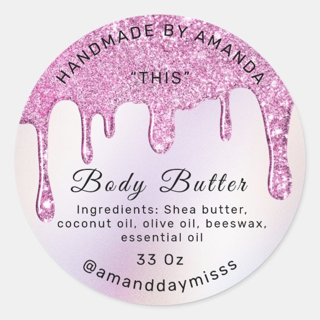 Body Butter Packaging Pink Drips Small Business Classic Round Sticker (Front)