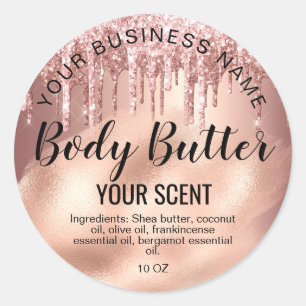 body butter rose gold drips foil add your logo classic round sticker