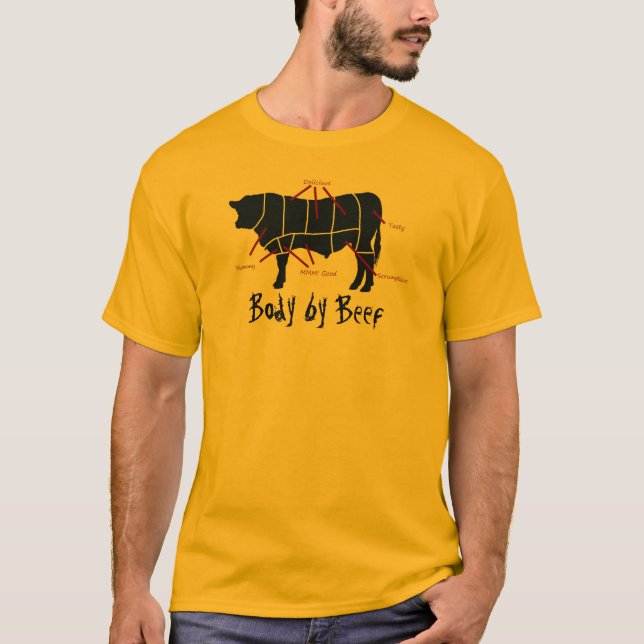 Body by Beef! Funny  Beef Cuts Butcher Chart T-Shirt (Front)