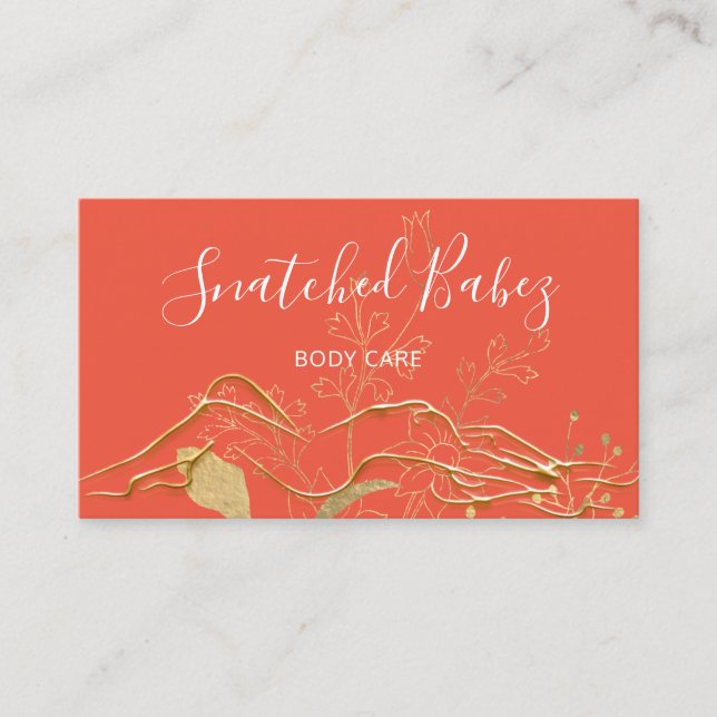 Body Care Sculpting QRCODE Coral Gold Flowers  Business Card (Front)