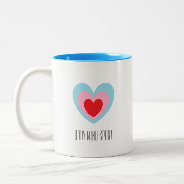 Body Mind Spirit Triple Heart Monogrammed Two-Tone Coffee Mug (Left)