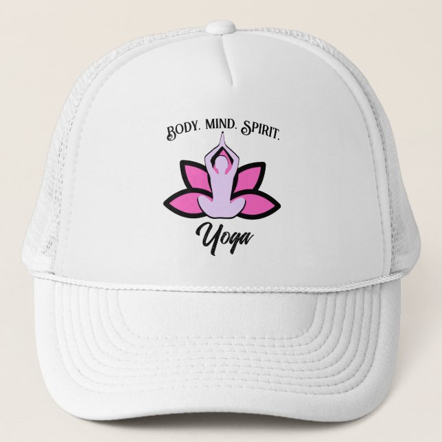BODY MIND SPIRIT YOGA Meditation Aasana Trucker Hat (Front)