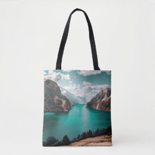 BODY OF WATER BETWEEN BROWN MOUNTAINS TOTE BAG