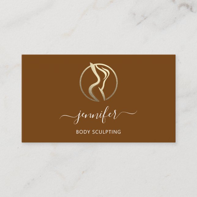 Body Shaping Sculpting Massage Gold Logo QR  Brown Business Card (Front)