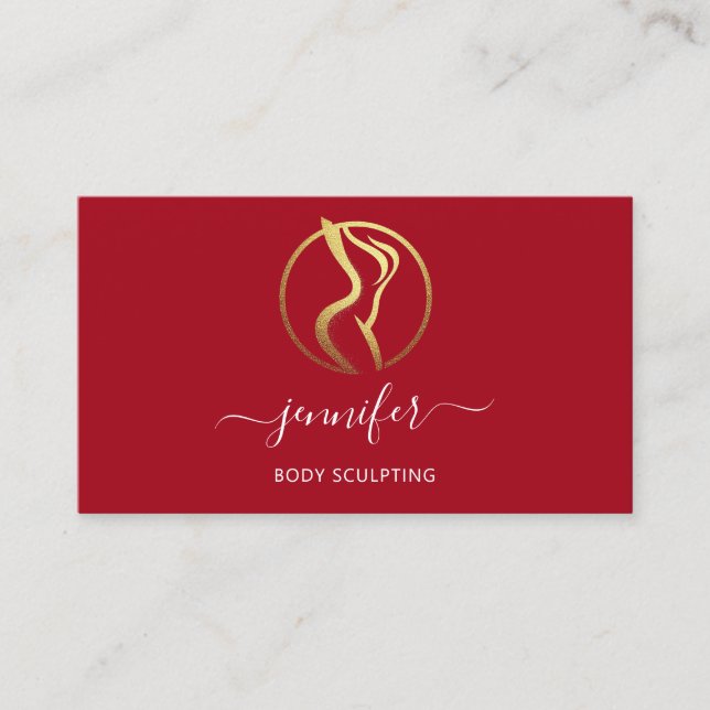 Body Shaping Sculpting Massage Gold Logo QR Red Business Card (Front)