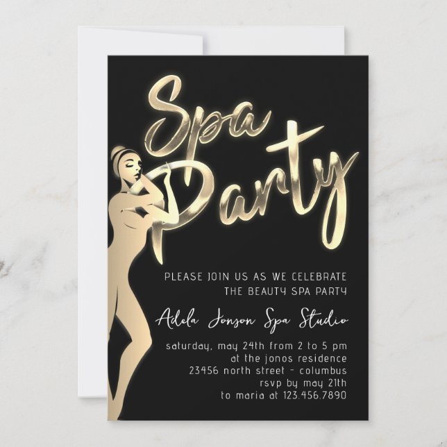 Body SPA Party Instant Download Gold Black White Invitation (Front)