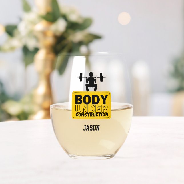 Body Under Construction Custom Name Stemless Wine Glass (Insitu (Wedding))