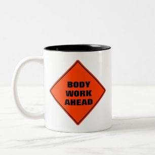 Body work ahead road sign orange personalised Two-Tone coffee mug