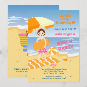 Bodyboard girl fun beach birthday party invitation