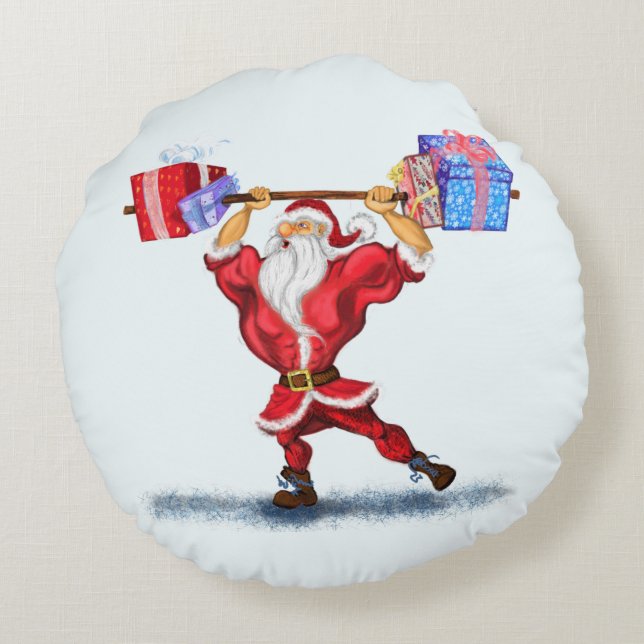 Bodybuilder Santa Christmas Round Pillow (Back)