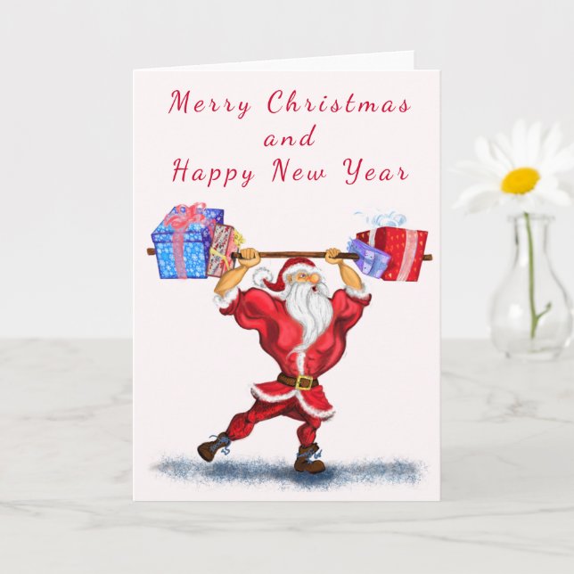 Bodybuilder Santa Claus with Christmas Gifts - Fun Card (Small Plant)
